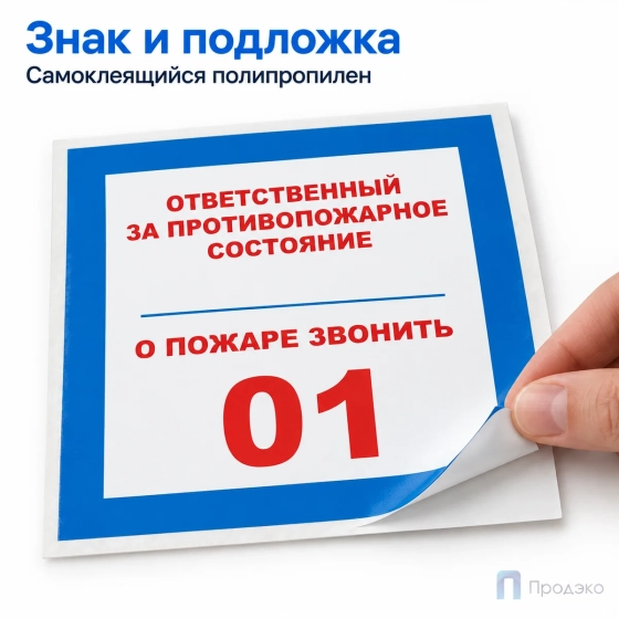 Этикетка-знак "Ответственный за противопожарное состояние, о пожаре звонить 01" 200х200 мм