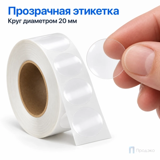 Этикетка термотрансферная полипропиленовая 20х20 мм (1000 шт, прозрачная, круглая, втулка 40 мм)