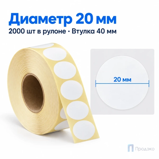 Термоэтикетка ТОП 20х20 мм (2000 шт, круглая, втулка 40 мм)