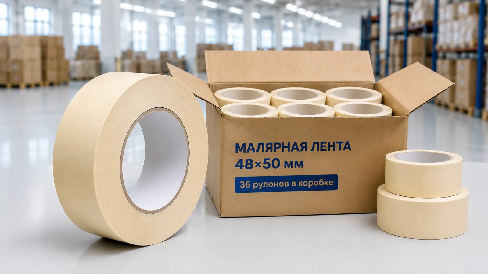 Малярная лента 48×50 мм оптом в коробках на складе Продэко